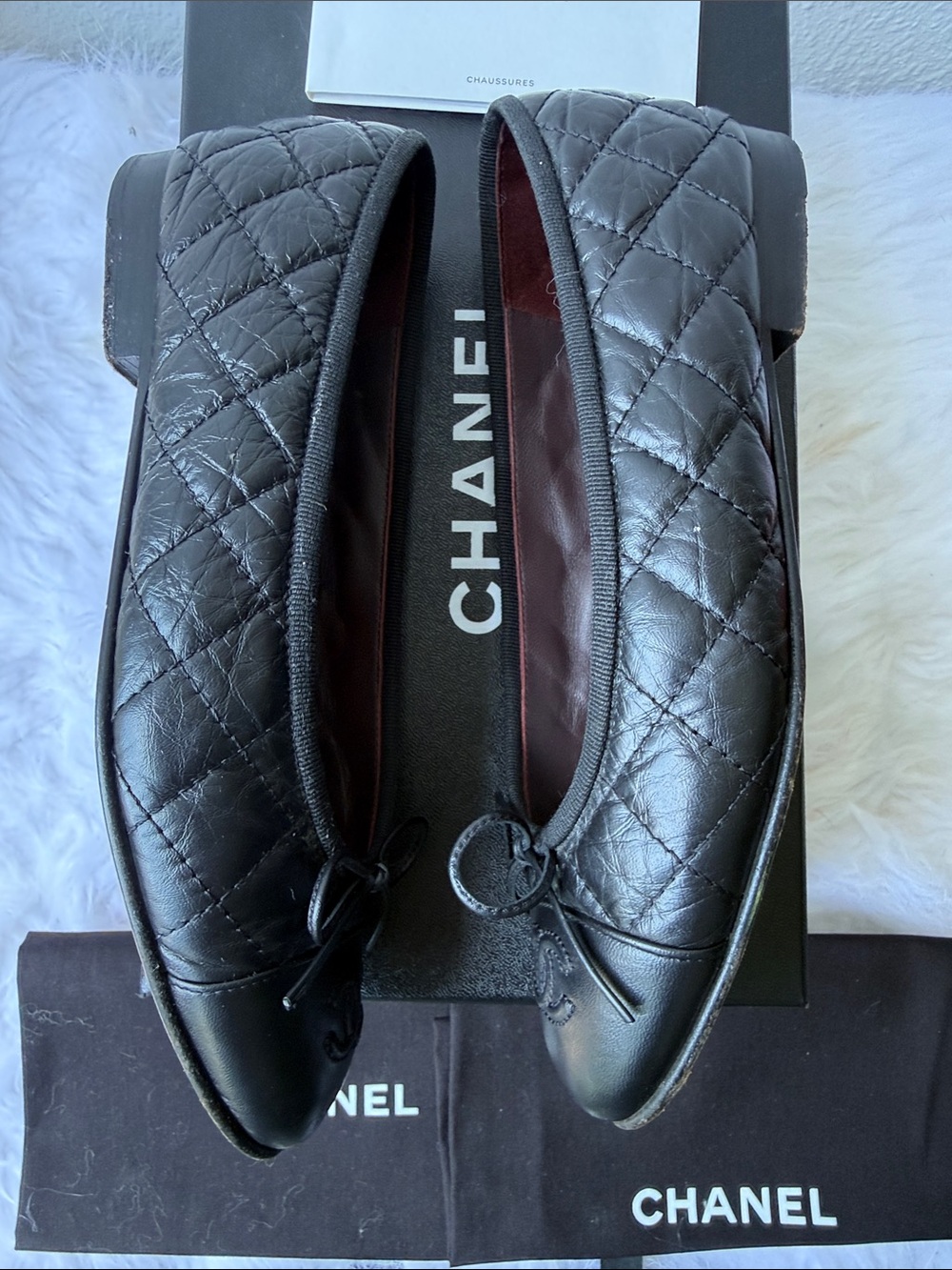 Authentic CHANEL Black Quilted Leather CC Cap-Toe Bow Ballet Flats - Picture 8 of 11